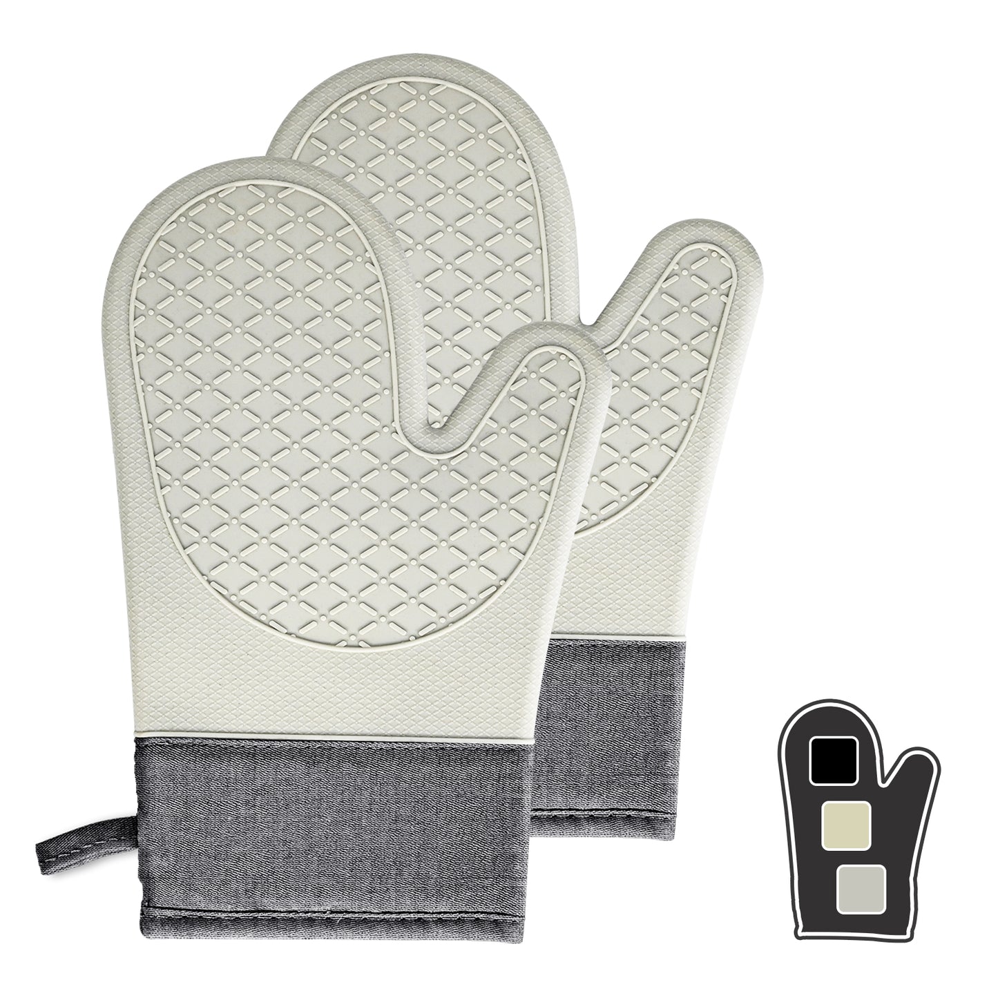 Silicone Oven Mitts, Professional Heat Resistant Silicone Oven Mitt, White with Gray Trim, Non-Slip Textured Grip, Kitchen Baking Protection, Beige