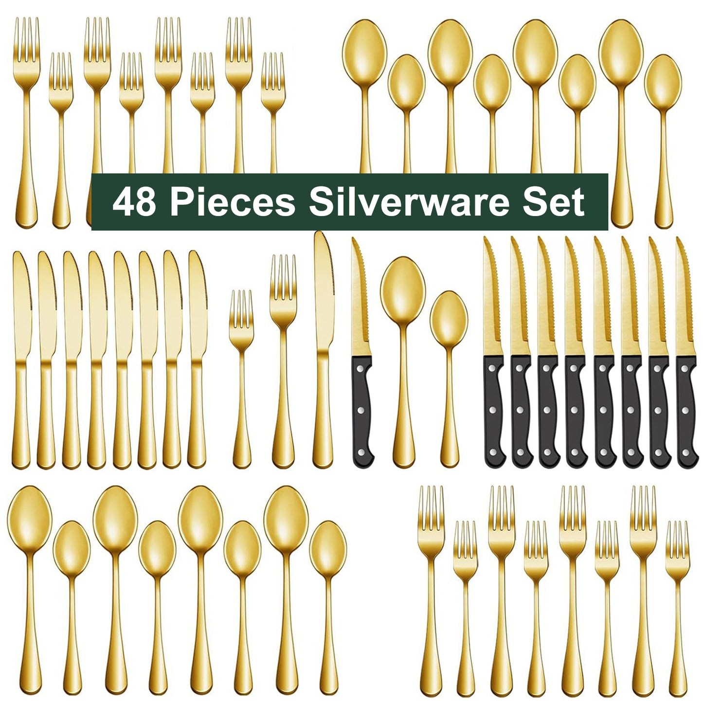 Bluebow 24-Piece Golden Silverware Set with Steak Knives, Flatware Cutlery Set for 4, Food-Grade Stainless Steel Kitchen Tableware Set