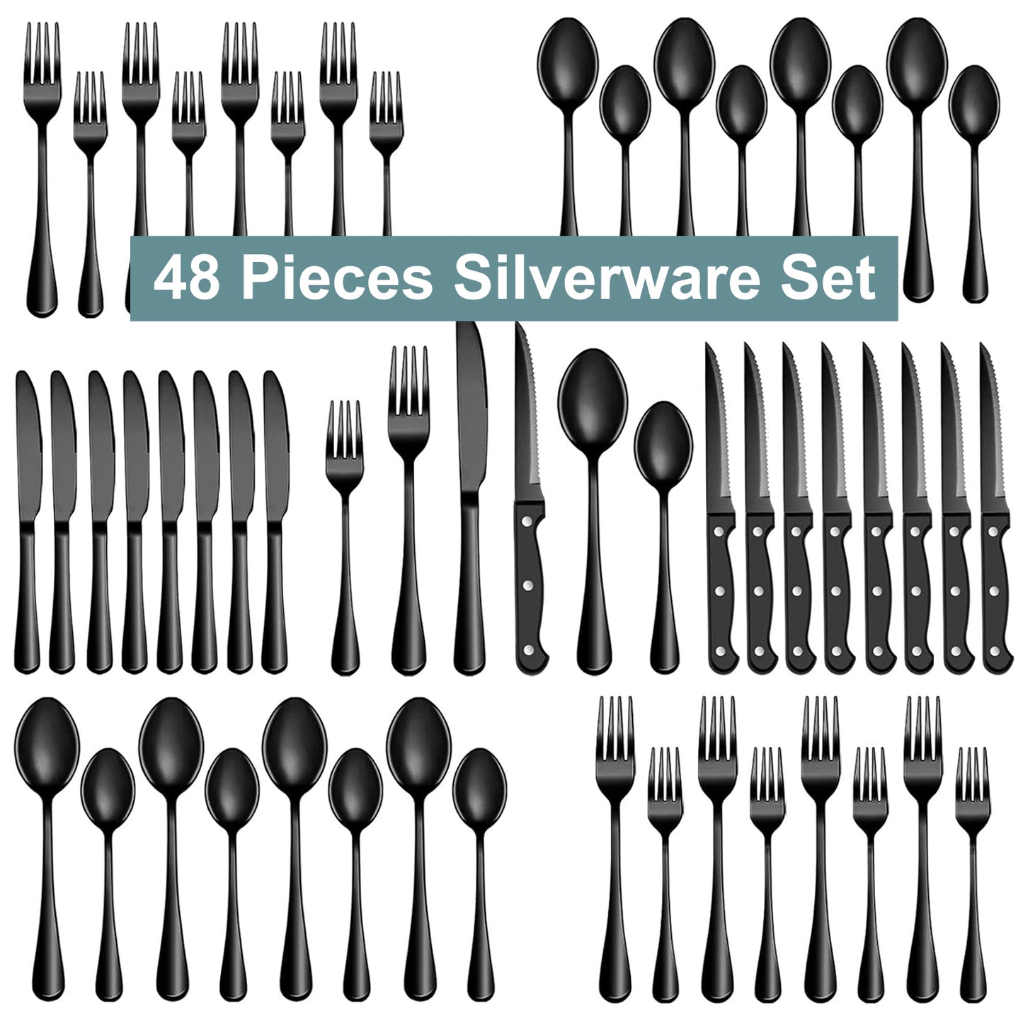 Bluebow 24-Piece Black Silverware Set with Steak Knives, Flatware Cutlery Set for 4, Food-Grade Stainless Steel Kitchen Tableware Set