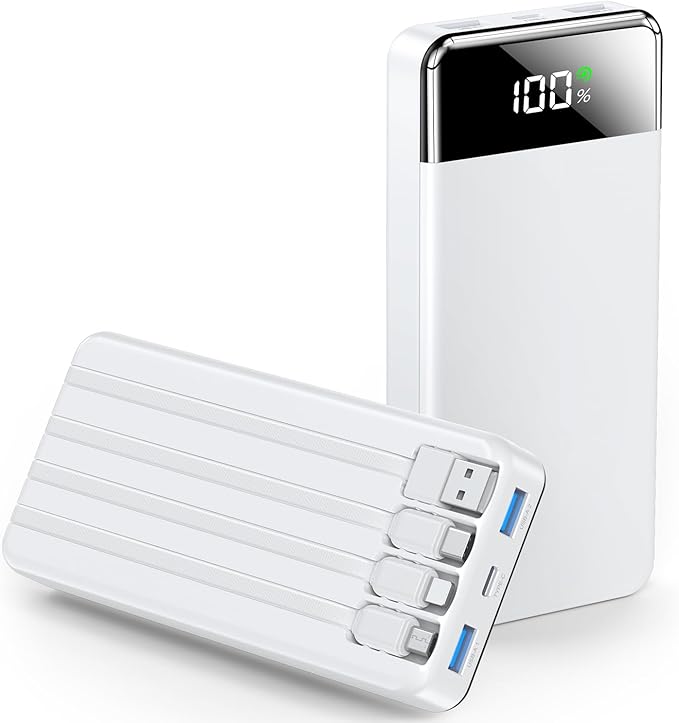 Easy-Goes Tech 20000mAh Power Bank Portable Charger with Cables, USB Battery Pack Compatible for iPhone & Android Cell Phones,White