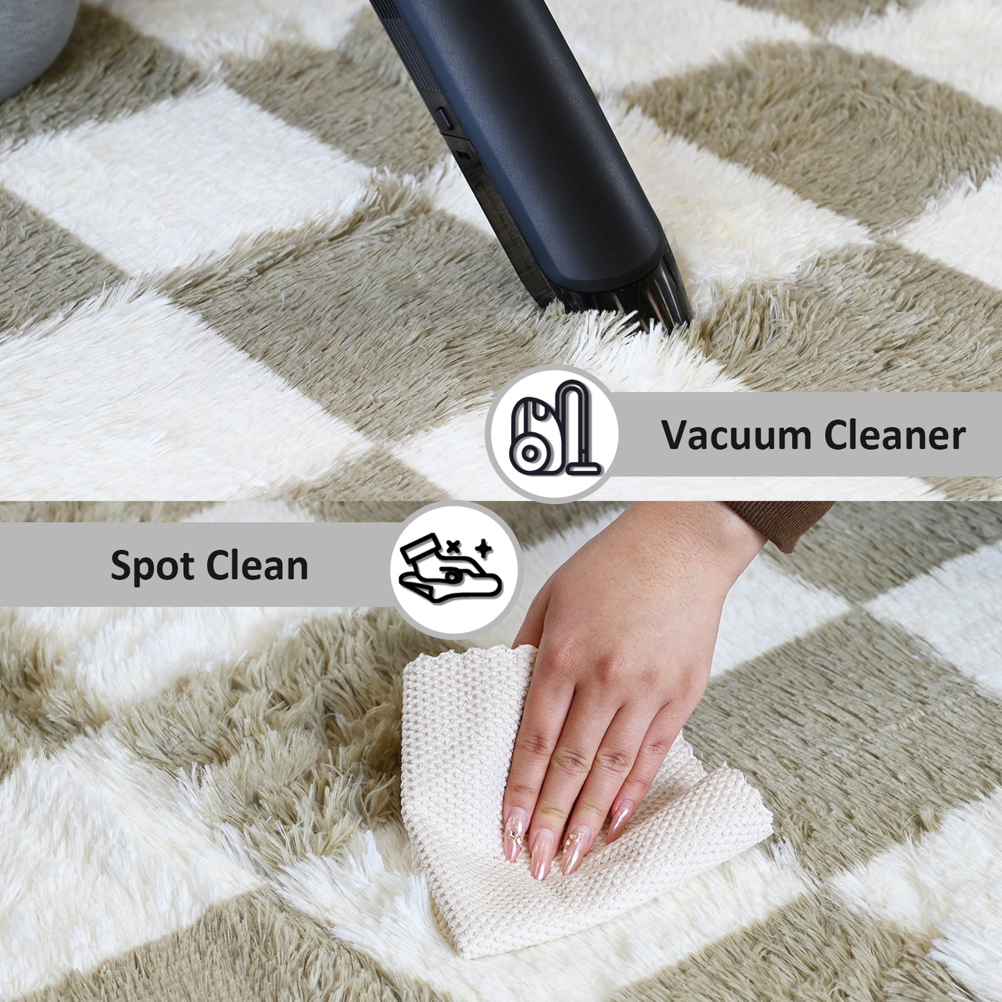 8ft x 10ft Shaggy Area Rugs for Bedroom, Classic Checkered Fluffy Living Room Carpet, Beige & White