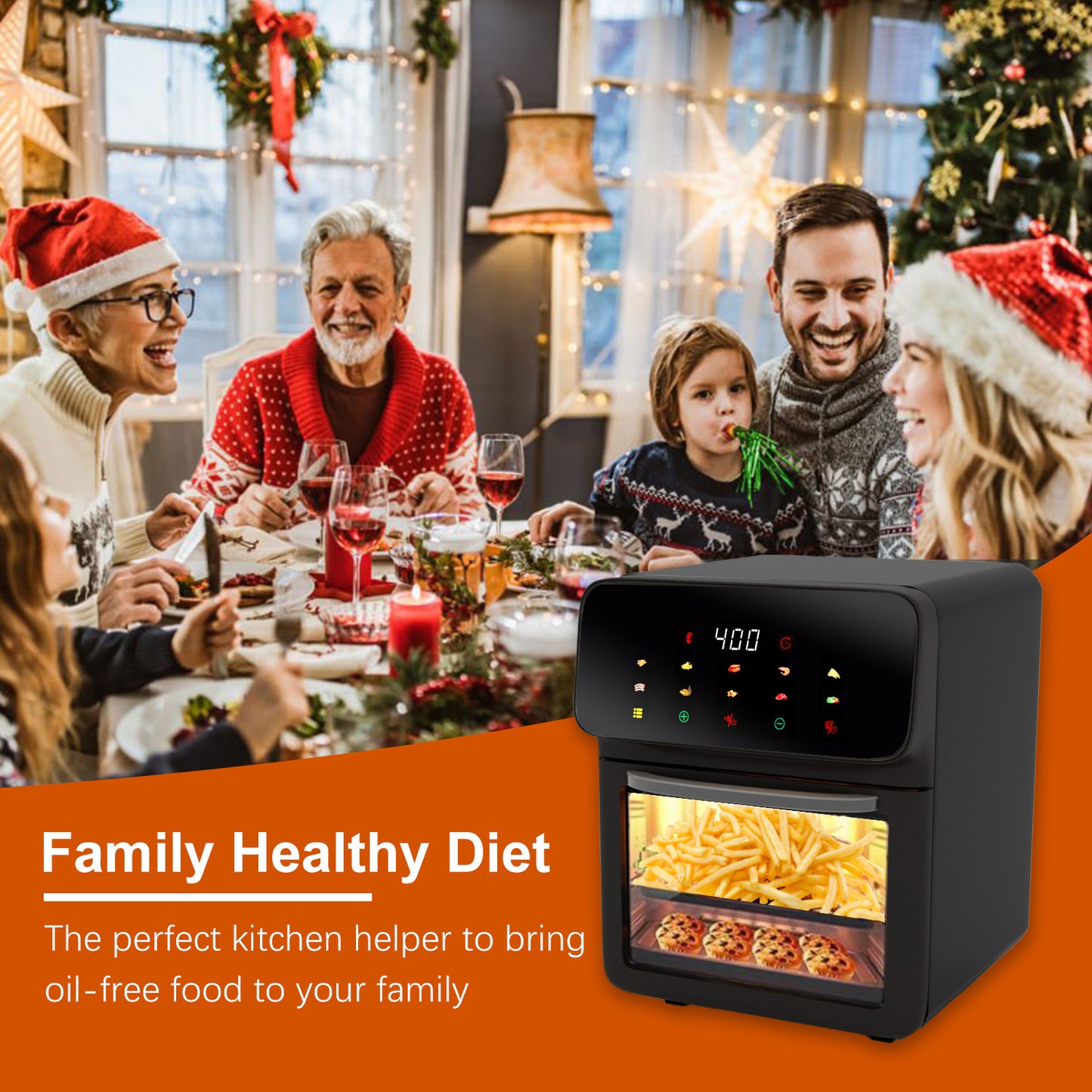 Bluebow Air Fryer 12QT Convection Oven with Visible Window, 10-in-1 Multi Function and Touchscreen, Gray