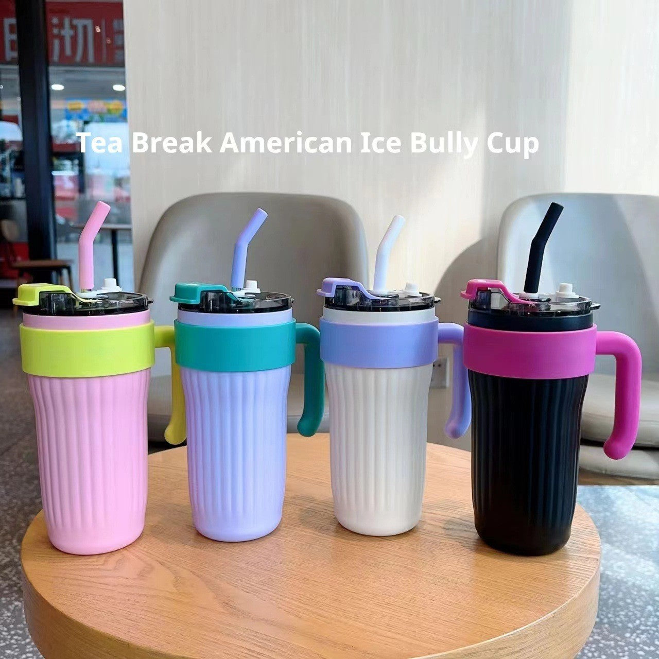 Tumbler, Tea Break American Ice Bully Cup, Insulated Tumbler with Straw and Handle, Pink
