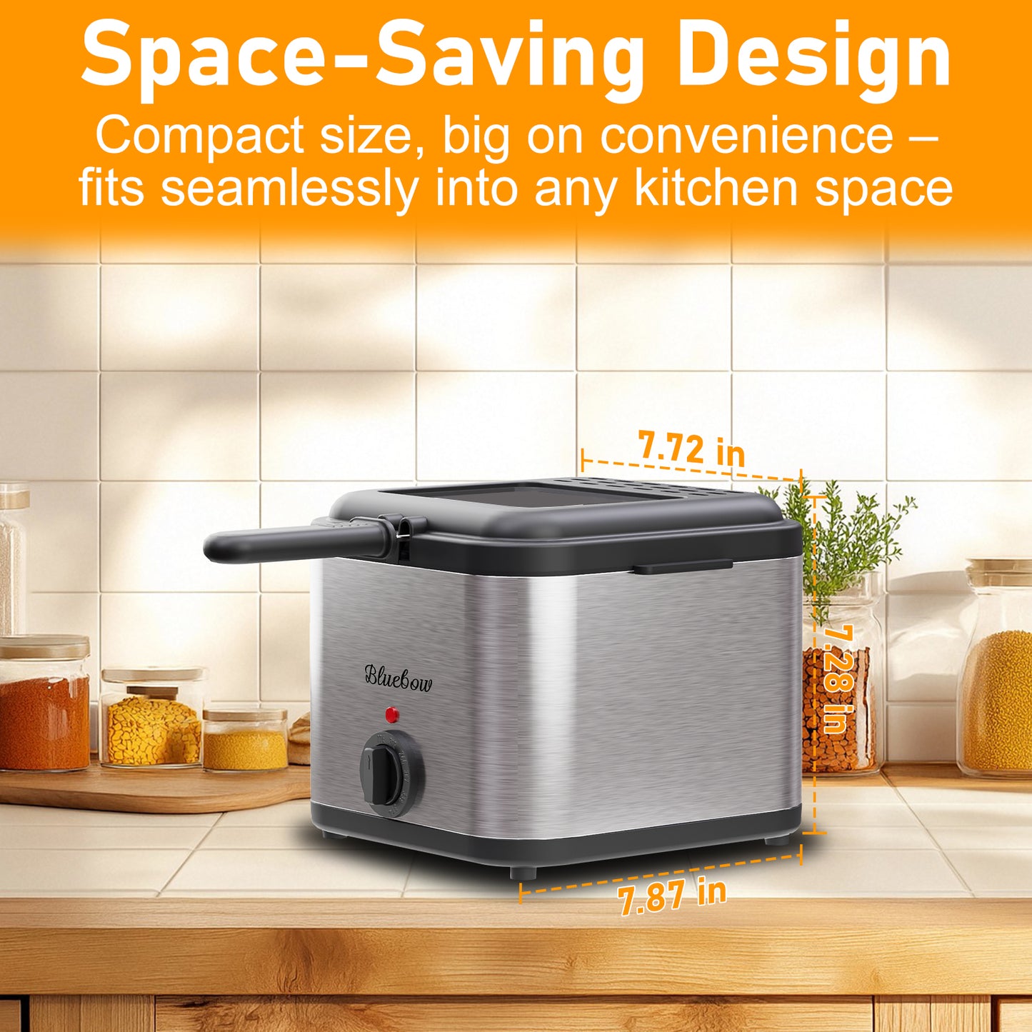 Bluebow Electric Deep Fryer, 2.5 Quart Capacity, Wide Viewing Window, Adjustable Temperature, Stainless Steel