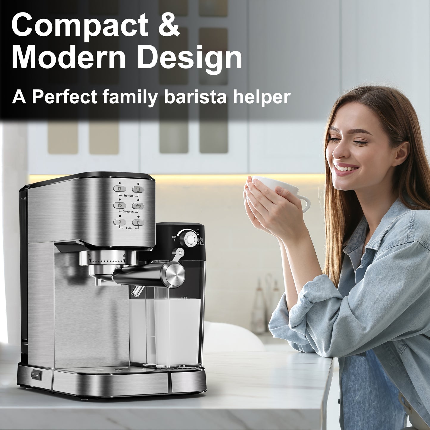 Bluebow 6-in-1 Espresso Machine, 20 BAR Cappuccino & Latte Machine with Built-In Milk Frother, One-Touch Single or Double Shot, 1350W, Stainless Steel