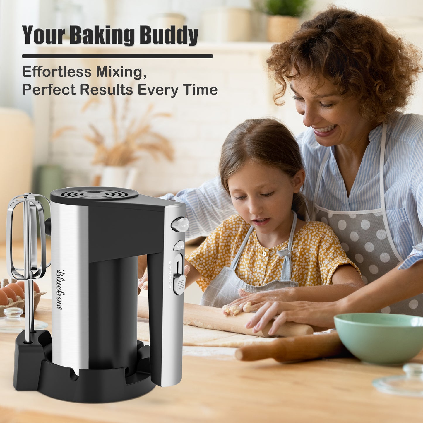 Bluebow Electric Hand Mixer, 5 Speed with Turbo, Kitchen Handheld Mixer with Stainless Steel Whisk, Dough Hook Attachment and Storage Base