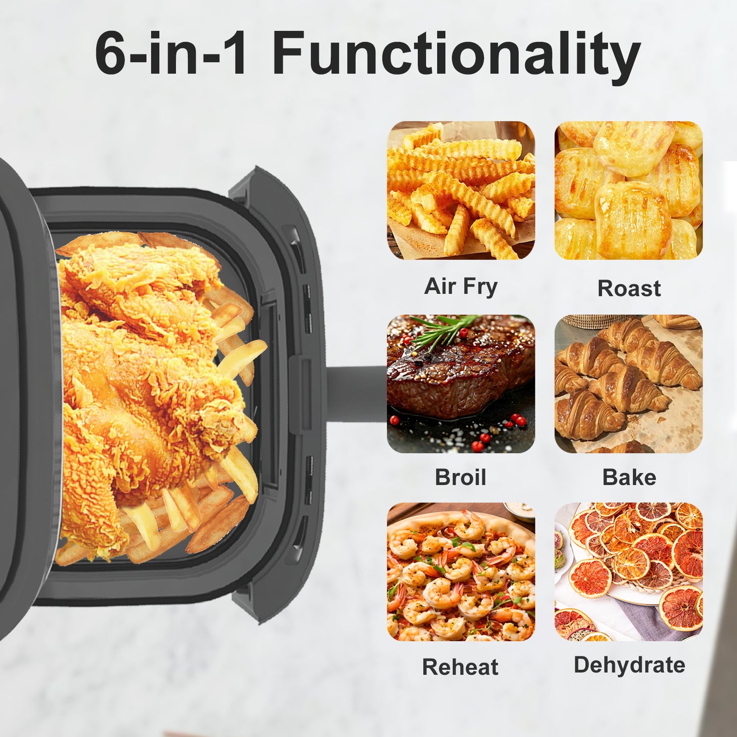 6QT Air Fryer, 8-in-1 Hot Oven with Digital LED Touchscreen, Visible Window, 1500W, Black