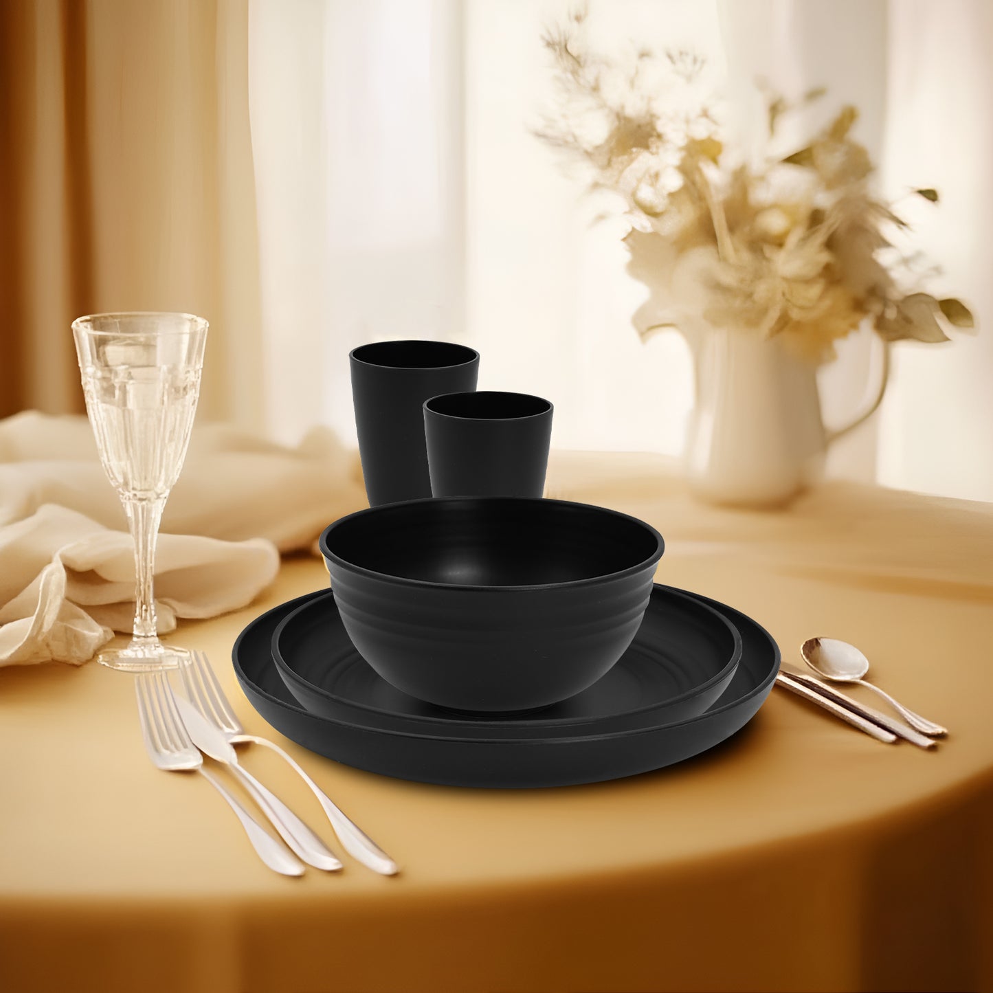 Vaparinckl Wheat Straw Dinnerware Sets 32 Pcs, Plates & Bowls Set For 8, Unbreakable, Eco-Friendly, Microwave & Dishwasher Safe, Black