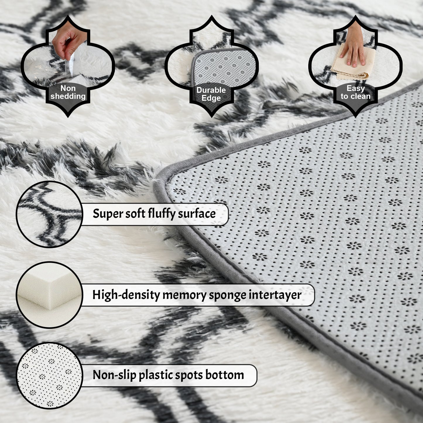 Pentantan 8ft x 10ft Geometric Shag Area Rugs for Living Room, Moroccan Fluffy Bedroom Carpet, White & Black