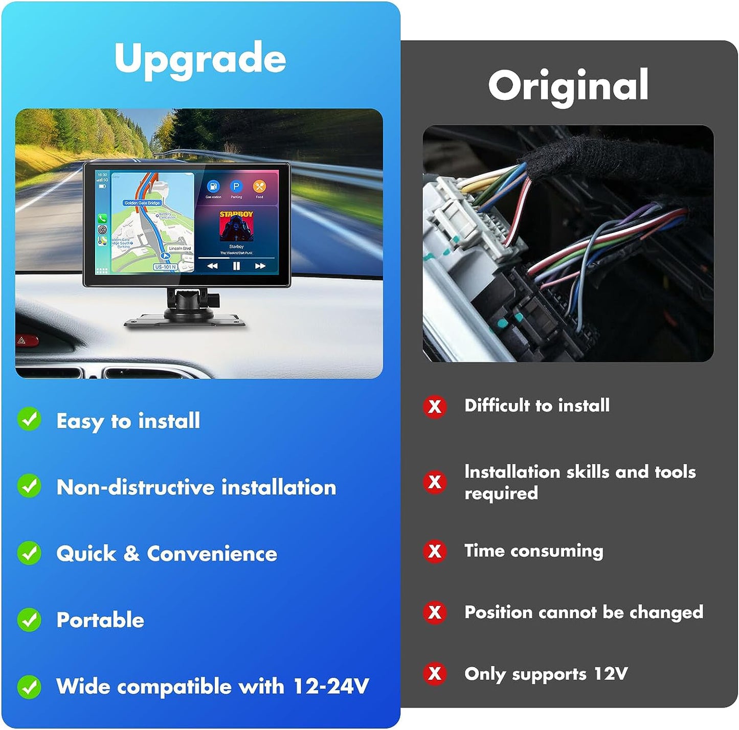 Lieucyst Portable Car Stereo, Wireless Apple CarPlay&Android Auto, 9 Inch FHD Touchscreen Car Audio Receivers Bluetooth, Backup Camera, Voice Control, GPS Navi, Mirror Link, FM, AUX/USB/TF