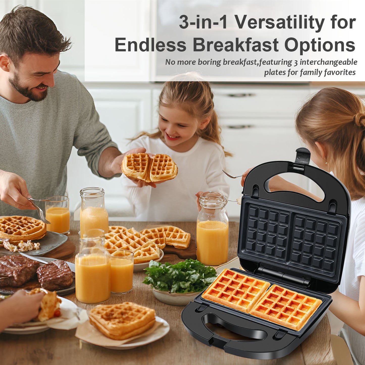 Bluebow 3 in 1 Waffle Maker, 2 Slice Breakfast Sandwich Maker with Removable Plates, Non-Stick Panini Press Grill, Indicator Light, 760W
