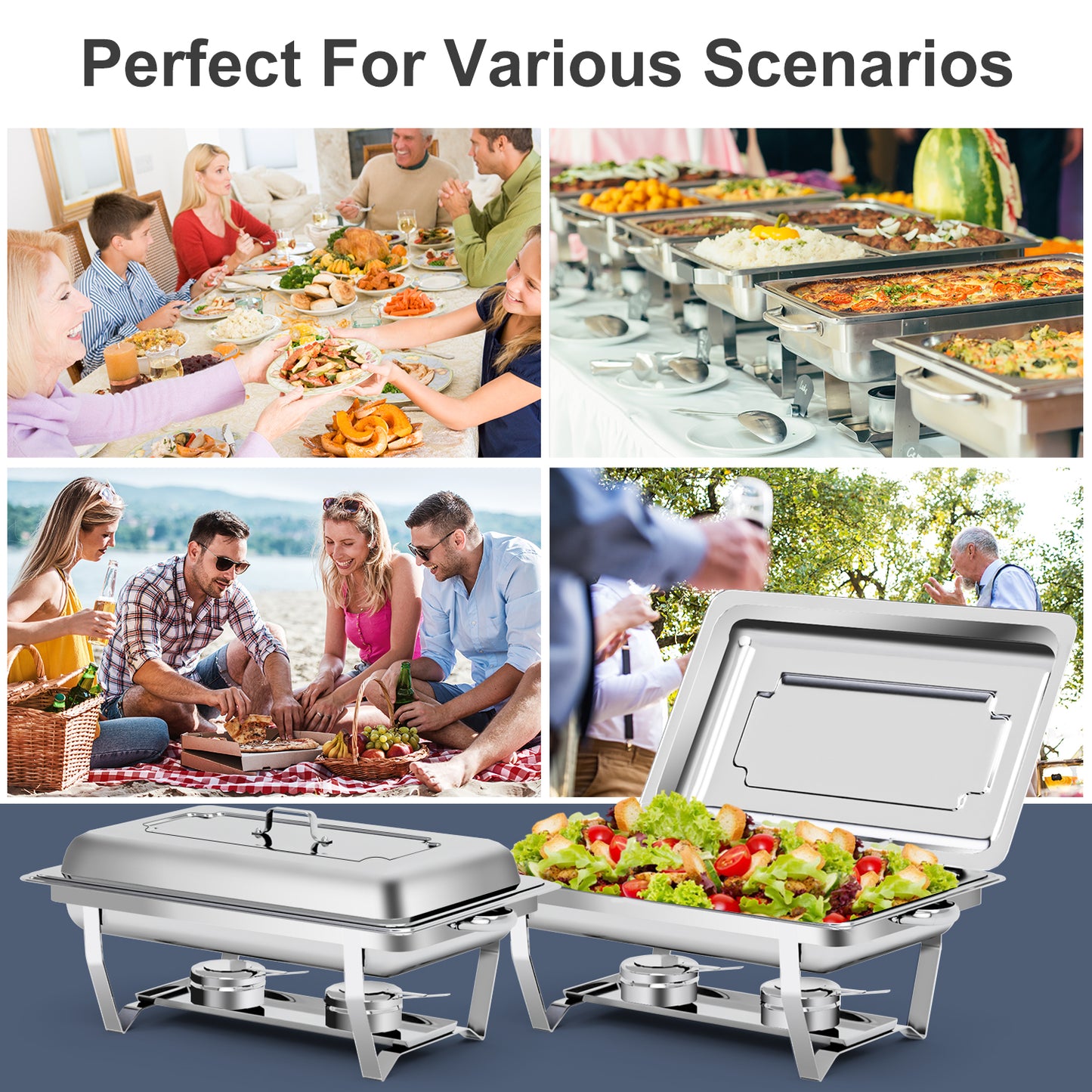 Bluebow 4 Pack Chafing Dishes for Buffet Set, Stainless Steel Catering Chafer, Serving Food Warmer with Lids, Food & Water Pans & Fuel Holders