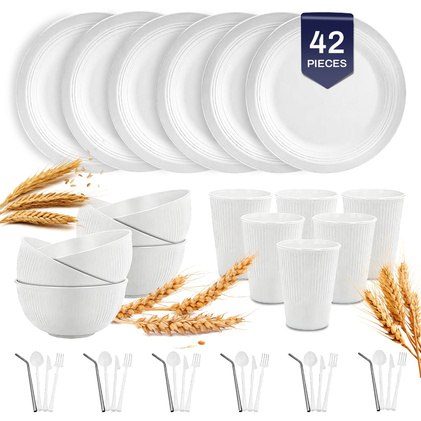 Wheat Straw Dinnerware Sets 42 Pcs, Dinnerware Sets for 6 , Unbreakable Microwave Safe, Beige