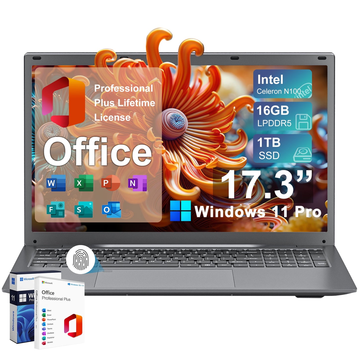 SANPTENT 17.3" Business & Student Laptop Computer, Quad-Core Intel Alder Lake N100 processor, up to 3.4GHz, 16GB RAM, 1TB SSD, Win 11 Pro with Microsoft Office