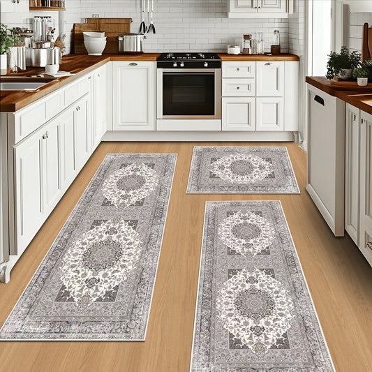 Kitchen Rug Sets [3 PCS], Boho Kitchen Rug with Non Slip Back, Foldable Kitchen Mats for Kitchen, Living Room or Runner Rug, Kitchen Floor Carpet for Hallway Laundry Holiday Decor