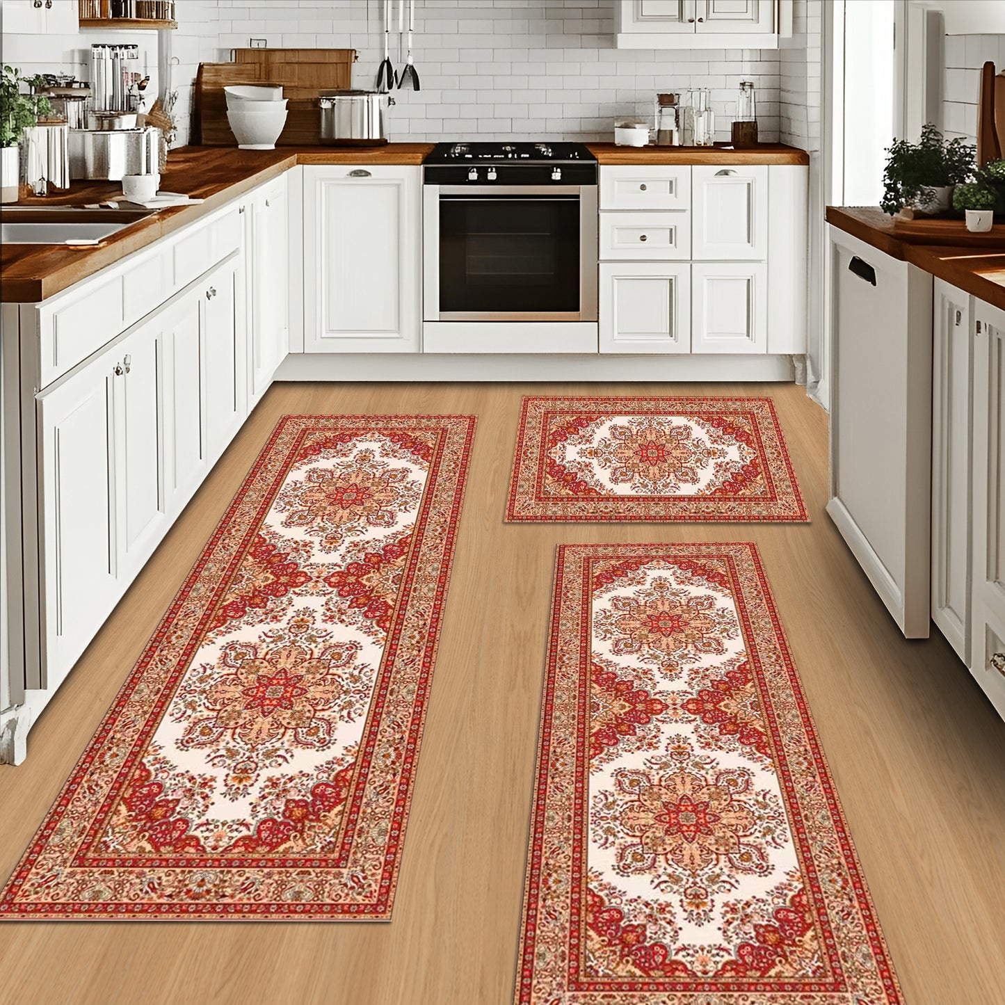 Kitchen Rug Sets [3 PCS], Boho Kitchen Rug with Non Slip Back, Foldable Kitchen Mats for Kitchen, Living Room or Runner Rug, Kitchen Floor Carpet for Hallway Laundry Holiday Decor