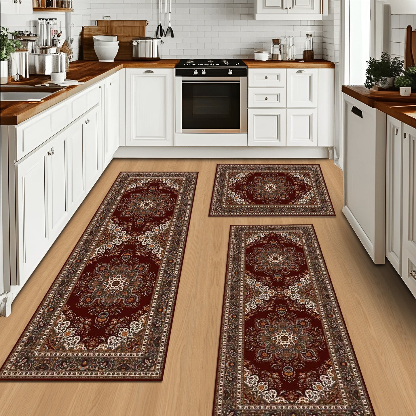 Kitchen Rug Sets [3 PCS], Boho Kitchen Rug with Non Slip Back, Foldable Kitchen Mats for Kitchen, Living Room or Runner Rug, Kitchen Floor Carpet for Hallway Laundry Holiday Decor