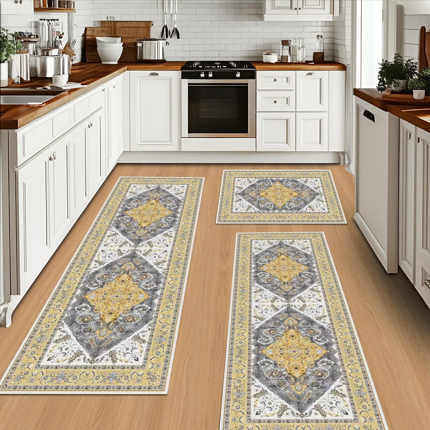 Kitchen Rug Sets [3 PCS], Boho Kitchen Rug with Non Slip Back, Foldable Kitchen Mats for Kitchen, Living Room or Runner Rug, Kitchen Floor Carpet for Hallway Laundry Holiday Decor
