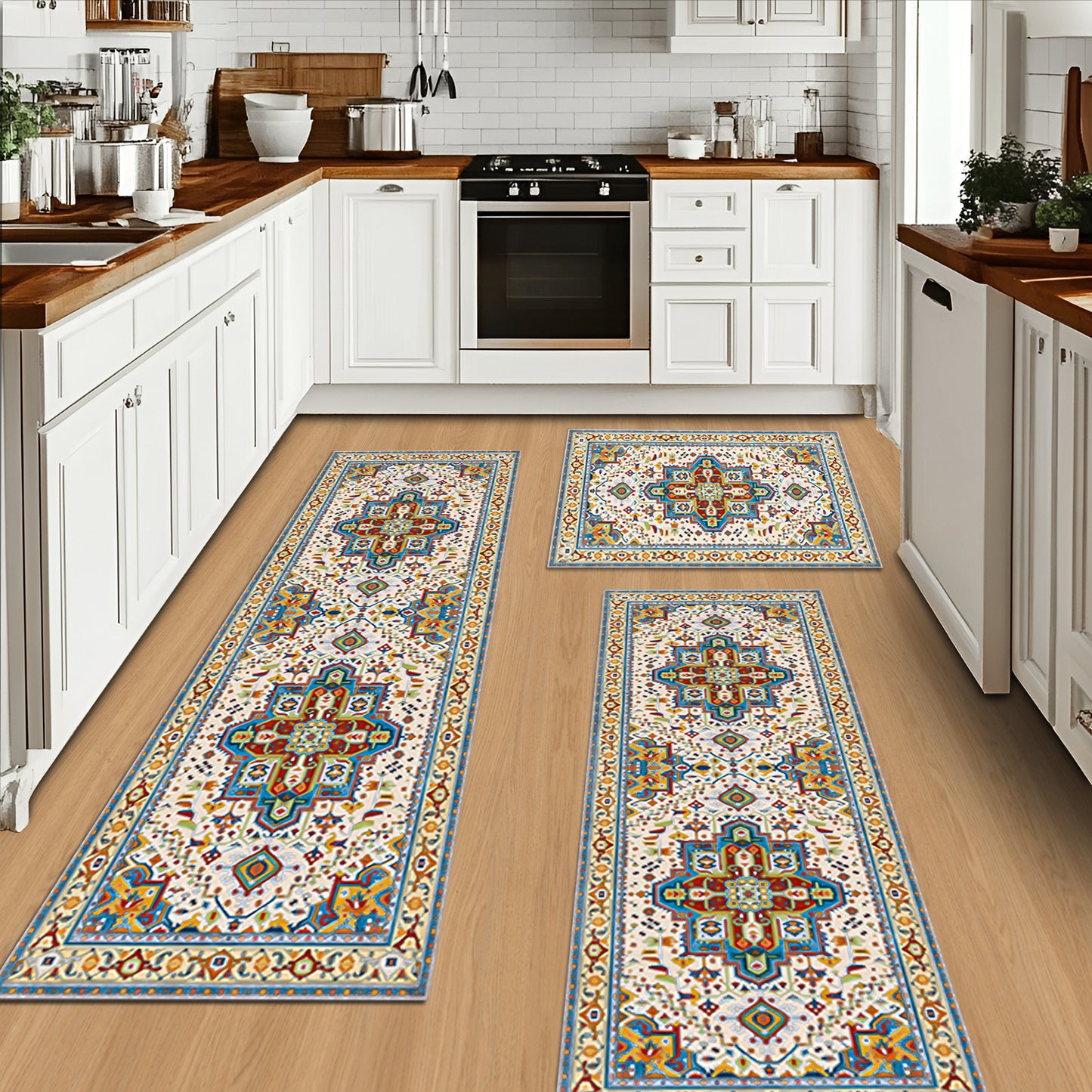 Kitchen Rug Sets [3 PCS], Boho Kitchen Rug with Non Slip Back, Foldable Kitchen Mats for Kitchen, Living Room or Runner Rug, Kitchen Floor Carpet for Hallway Laundry Holiday Decor