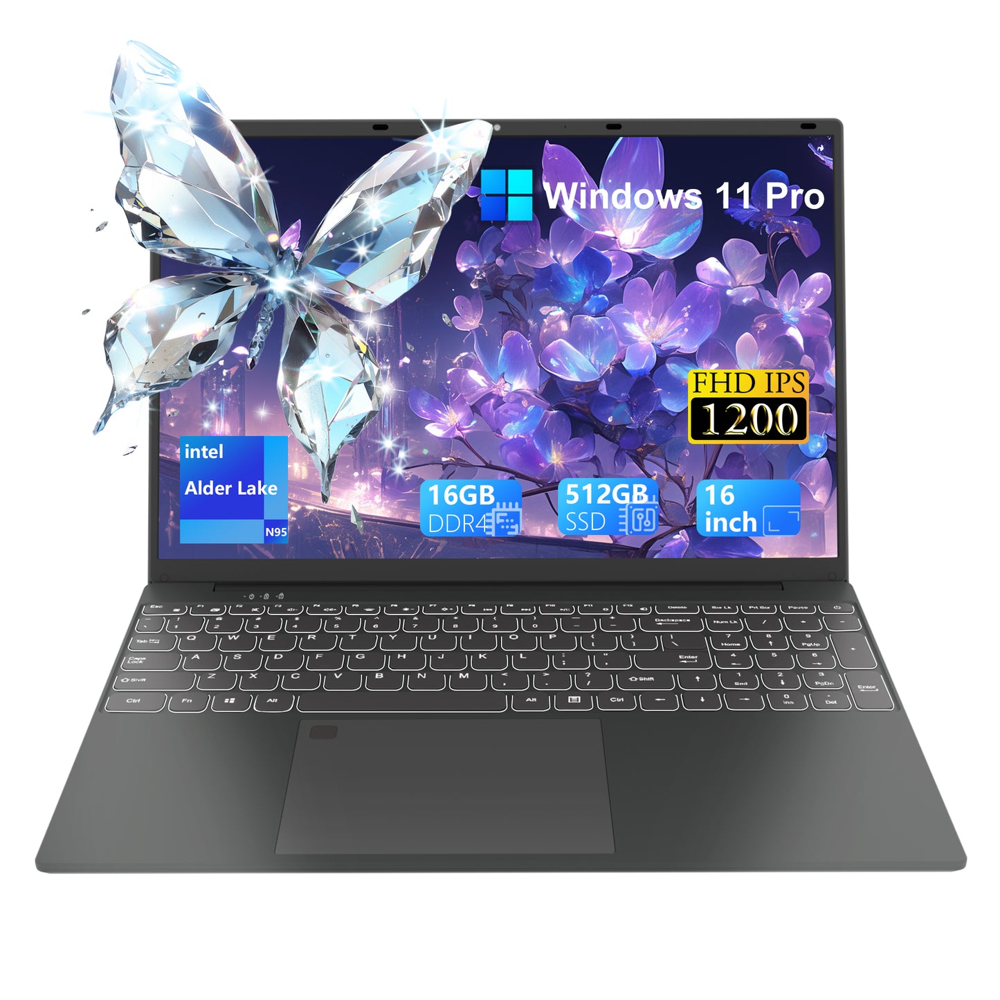 SANPTENT 16 inch Windows 11 Pro Laptop 16GB RAM 512GB SSD with 4 Core Intel Alder Lake N95, 1920x1200 FHD IPS Screen, FingerPrint, Backlit Keyboard, Ultra Thin and Light