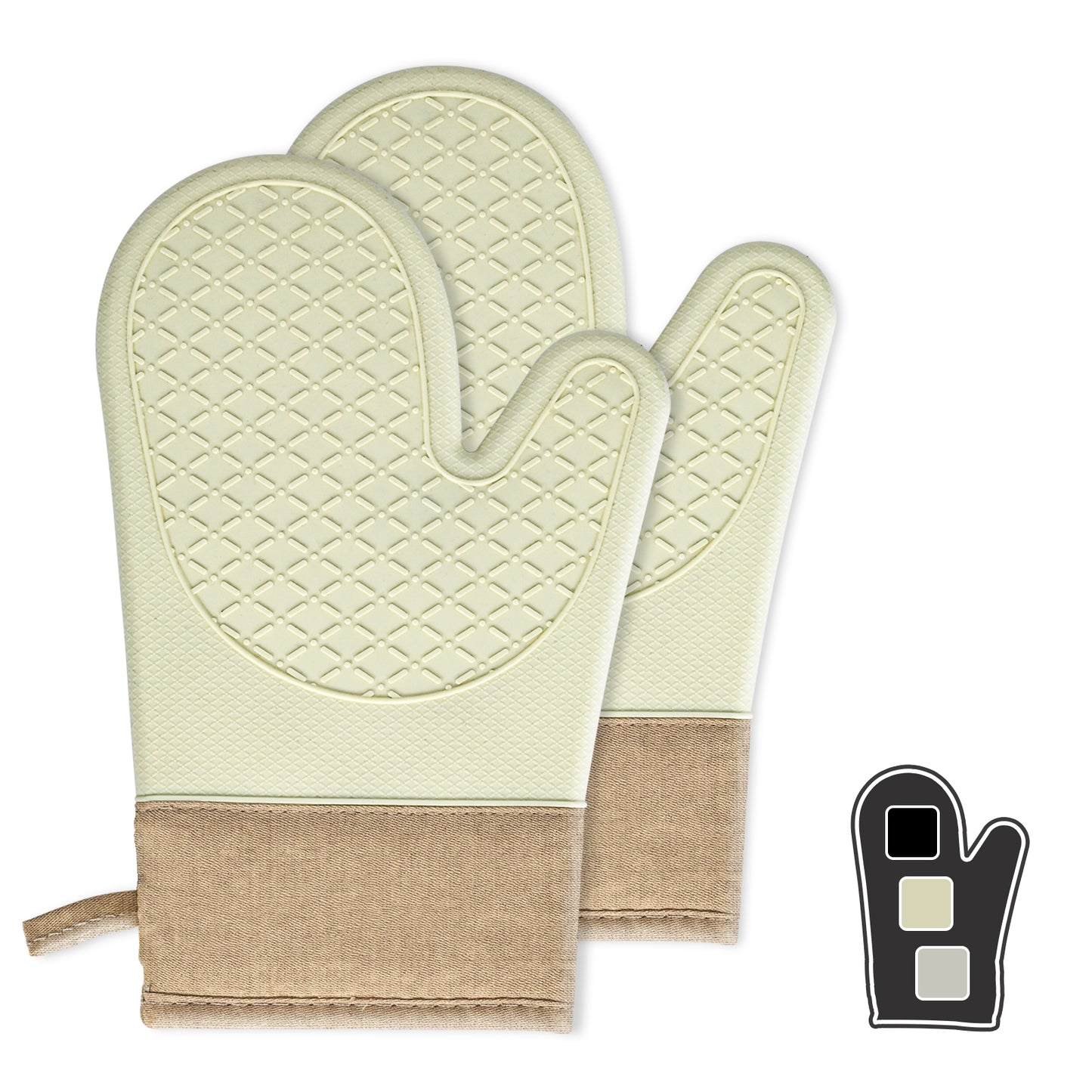Silicone  Oven Mitts, Professional Heat Resistant Silicone Oven Mitt, White with Gray Trim, Non-Slip Textured Grip, Kitchen Baking Protection, Beige