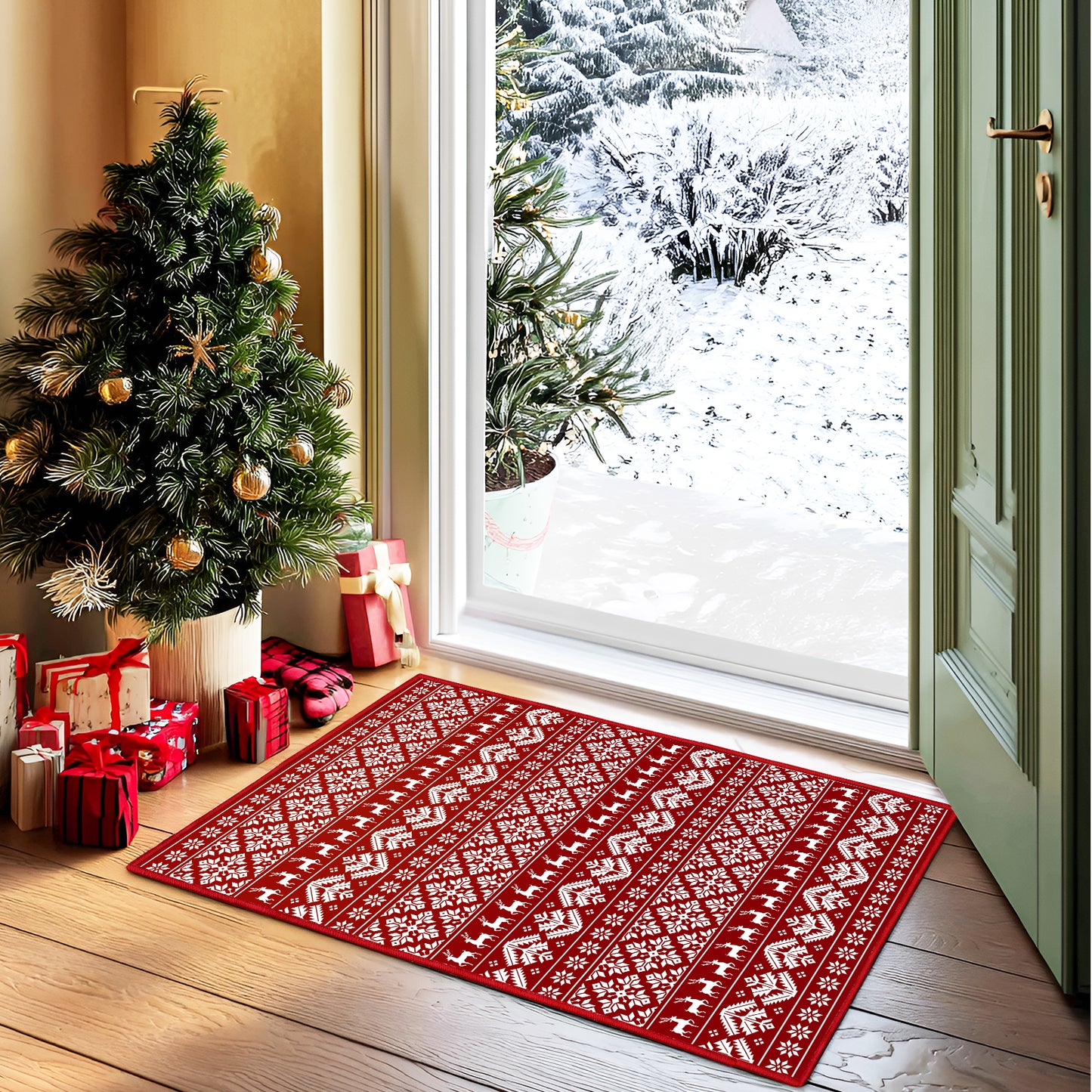 Pentantan Christmas Area Rugs, Washable Indoor Kitchen Rug for Entry Hallway Bathroom Bedroom, Vintage Soft Area Rug, Non Slip Back, Red