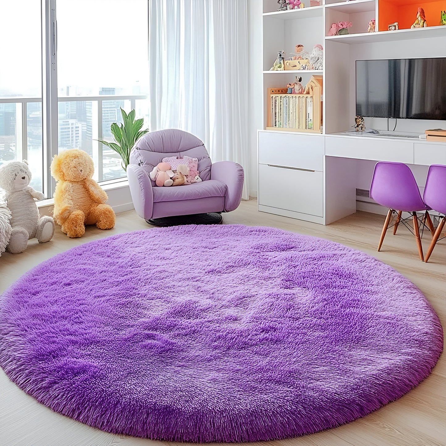 Pentantan 4ft x 4ft Round Shag Area Rugs for Bedroom, Fluffy Decorative Carpet for Living Room, Purple