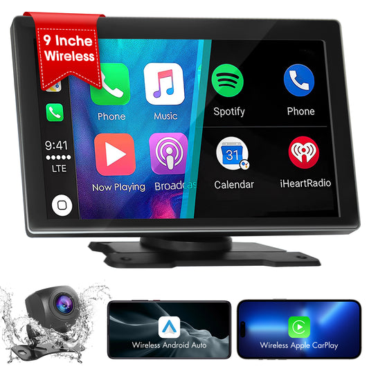 Portable Car Stereo with Wireless Apple CarPlay & Android Auto, 9" FHD Touchscreen, Backup Camera, Bluetooth, Voice Control, Siri/Google, Mirror Link, GPS, FM, AUX/USB/TF