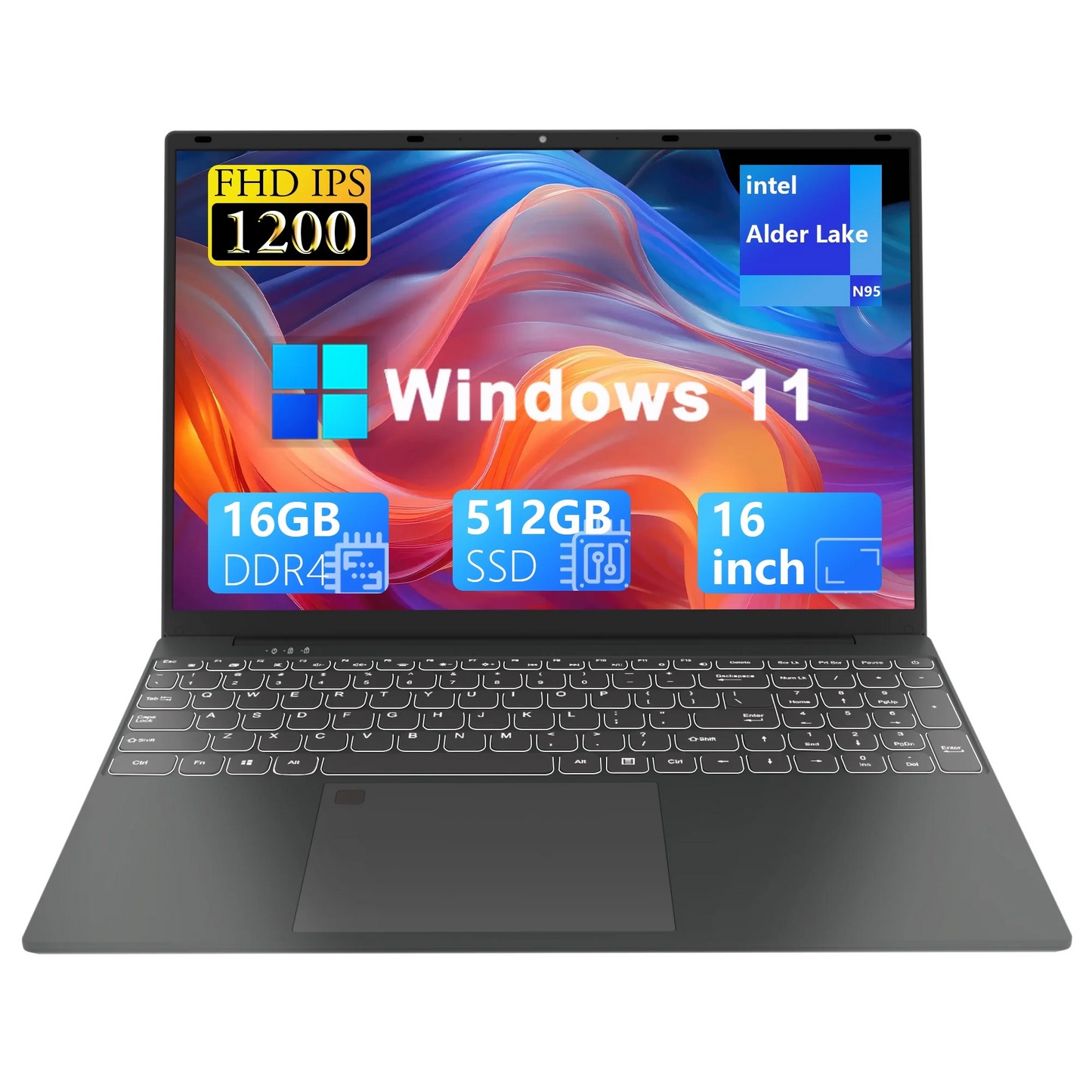 SANPTENT 16" Laptop Intel Celeron N95, 16GB RAM, 512GB SSD, Win 11 Pro, Backlit Keyboard, Wifi & Bluetooth