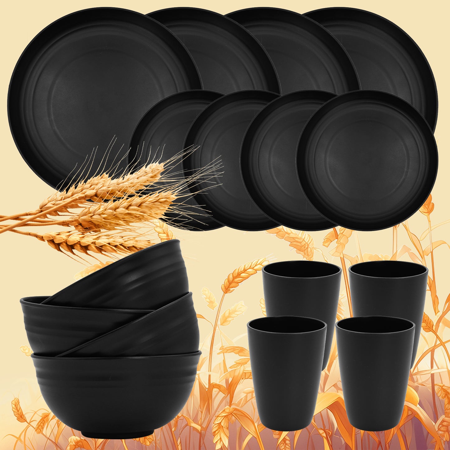Vaparinckl Wheat Straw Dinnerware Sets 32 Pcs, Plates & Bowls Set For 8, Unbreakable, Eco-Friendly, Microwave & Dishwasher Safe, Black