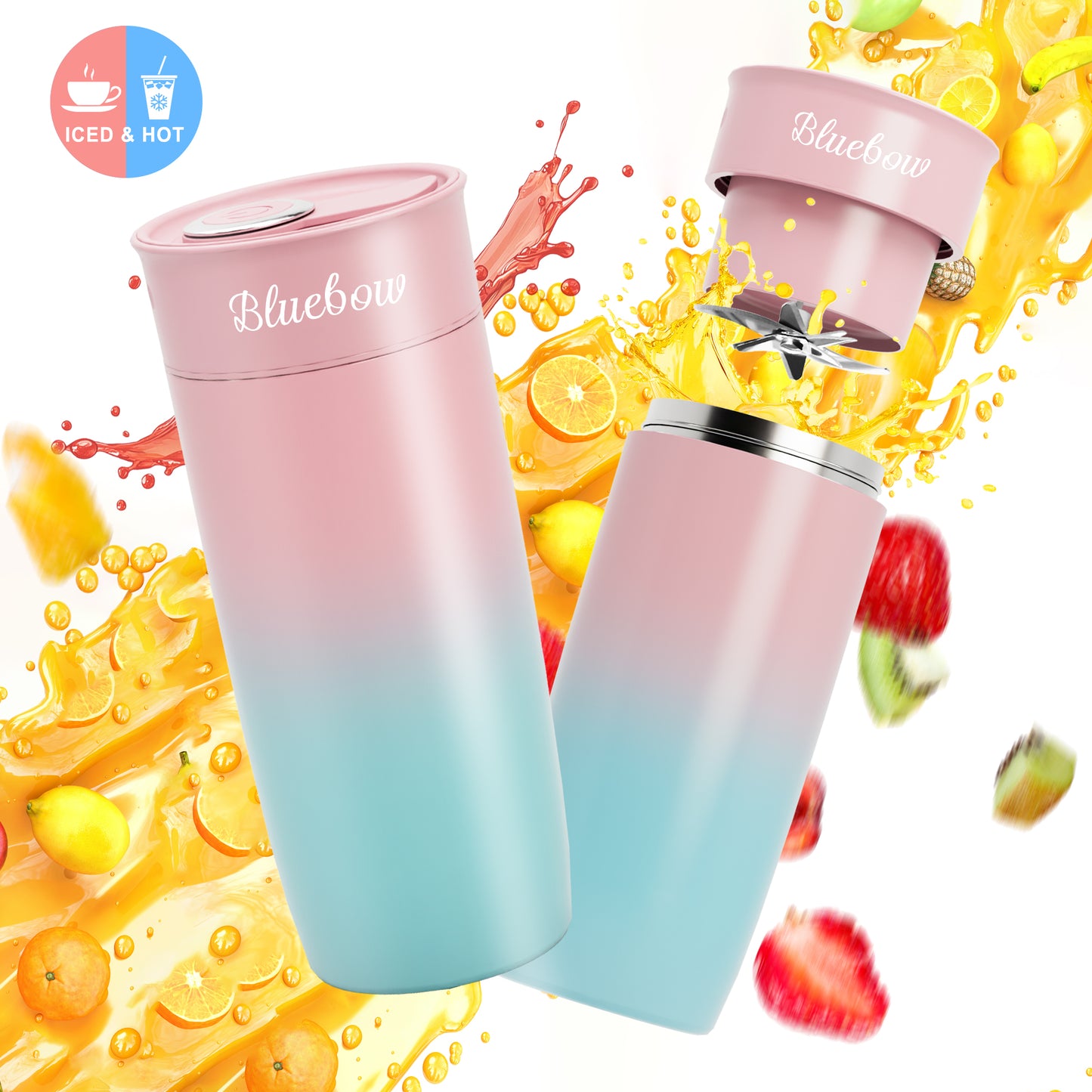 Bluebow Portable Blender for Shakes and Smoothies, Personal Size Blender with Insulated Cup, Cordless 17oz, USB-C Rechargeable, Travel