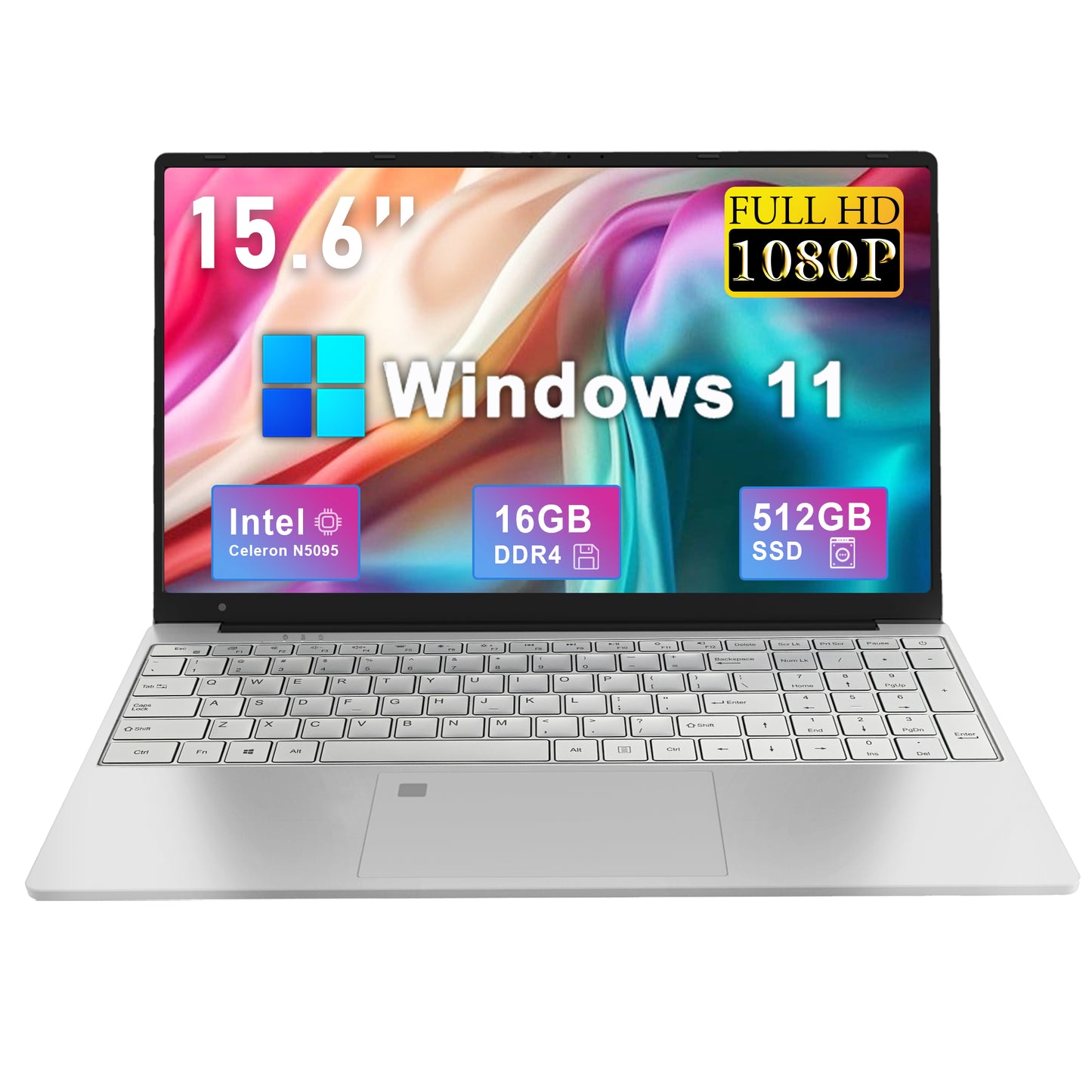 SANPTENT 15.6" Laptop Intel Celeron N5095, 16GB RAM, 512GB SSD, Win 11 Pro, Backlit Keyboard, Wifi & Bluetooth