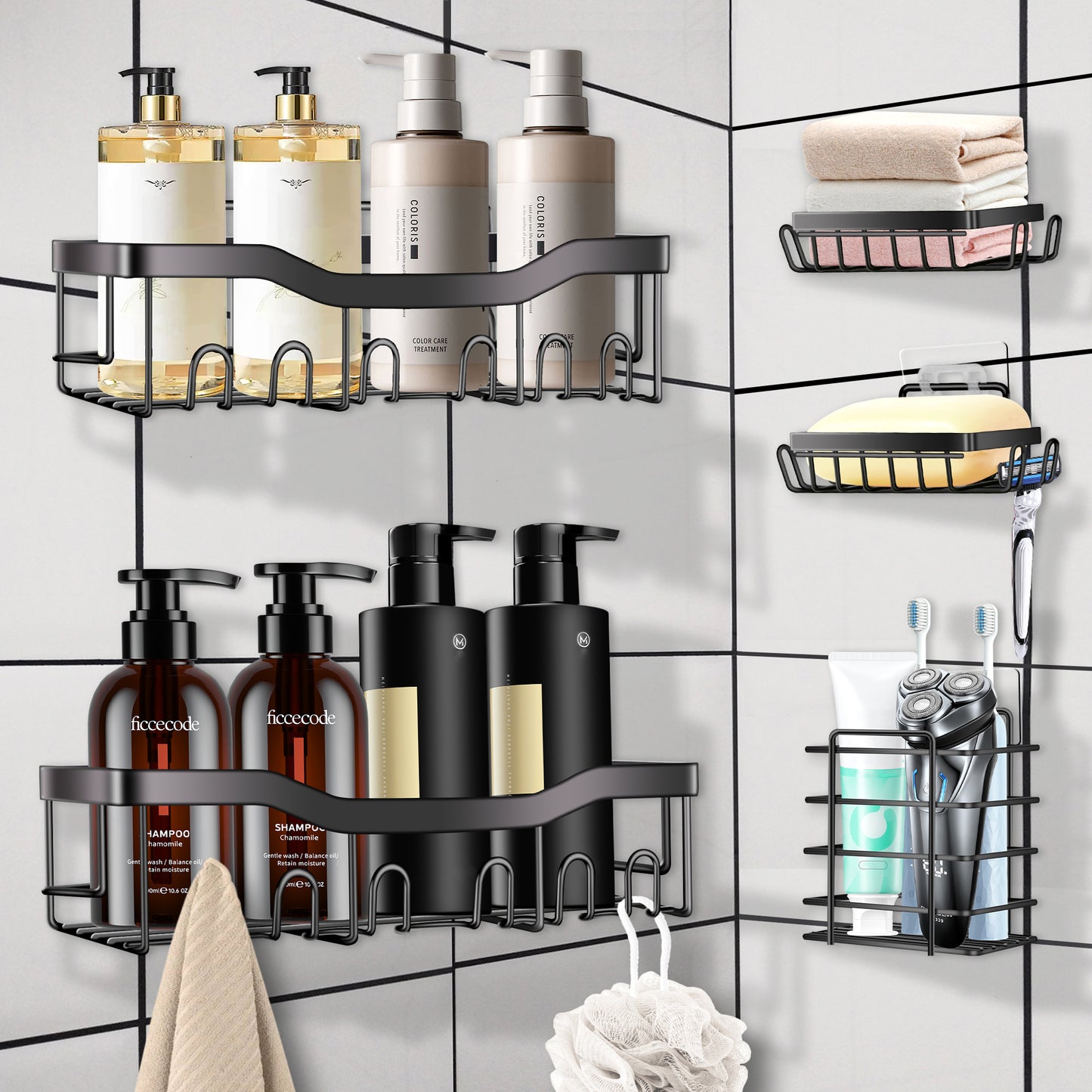 Vaparinckl Shower Caddy, 5 Pack No Drilling Adhesive Bathroom Organizers and Storage, Wall-Mounted Basket Accessories, Black