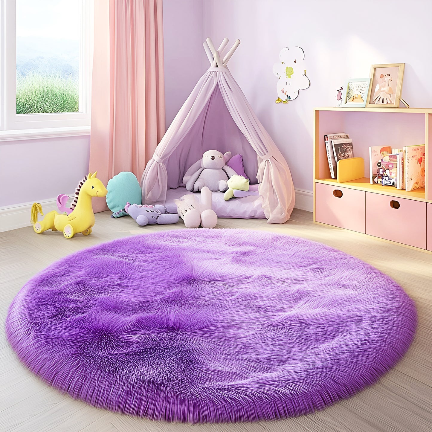 Pentantan 4ft x 4ft Round Shaggy Area Rugs for Bedroom, Fluffy Decorative Carpet for Living Room, Purple