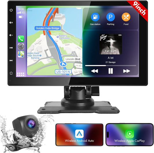 Wireless Apple CarPlay 9'' Touchscreen Dash Mount & Android Auto Portable Car Stereo