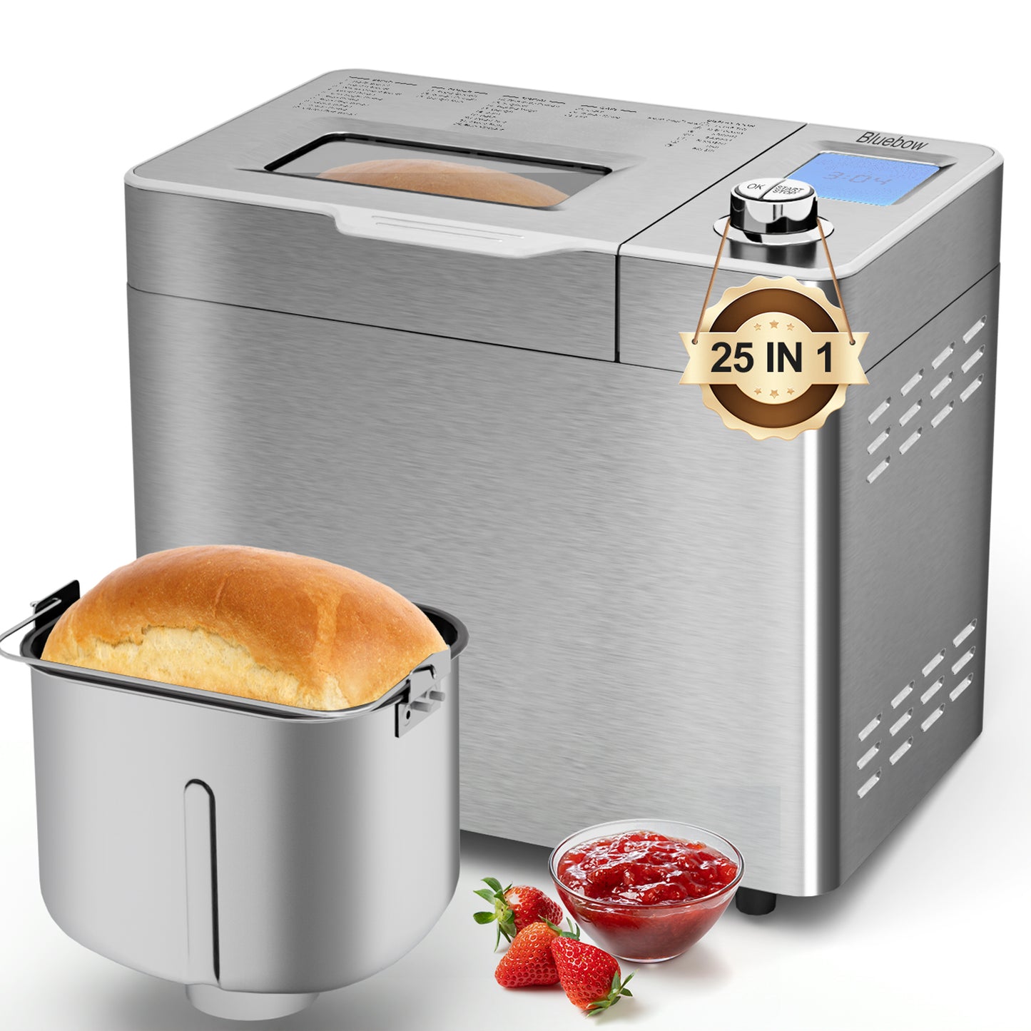 Bluebow 25-in-1 Bread Maker, 2LB Bread Machine with Auto Fruit/Nut Dispenser, Gluten-Free Setting, Keep Warm&13H Delay Timer, Stainless Steel