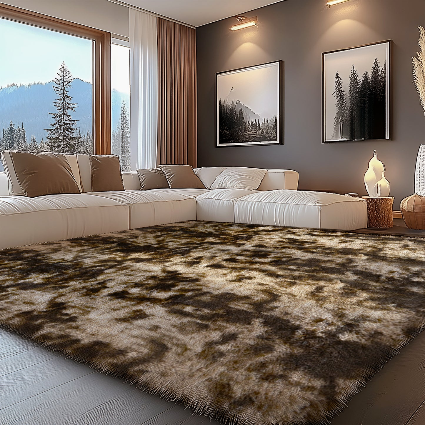 8’ x 10’ Shaggy Area Rugs, Soft Fluffy Indoor Carpet for Living Room Bedroom Decor, Tie-dyed Coffee