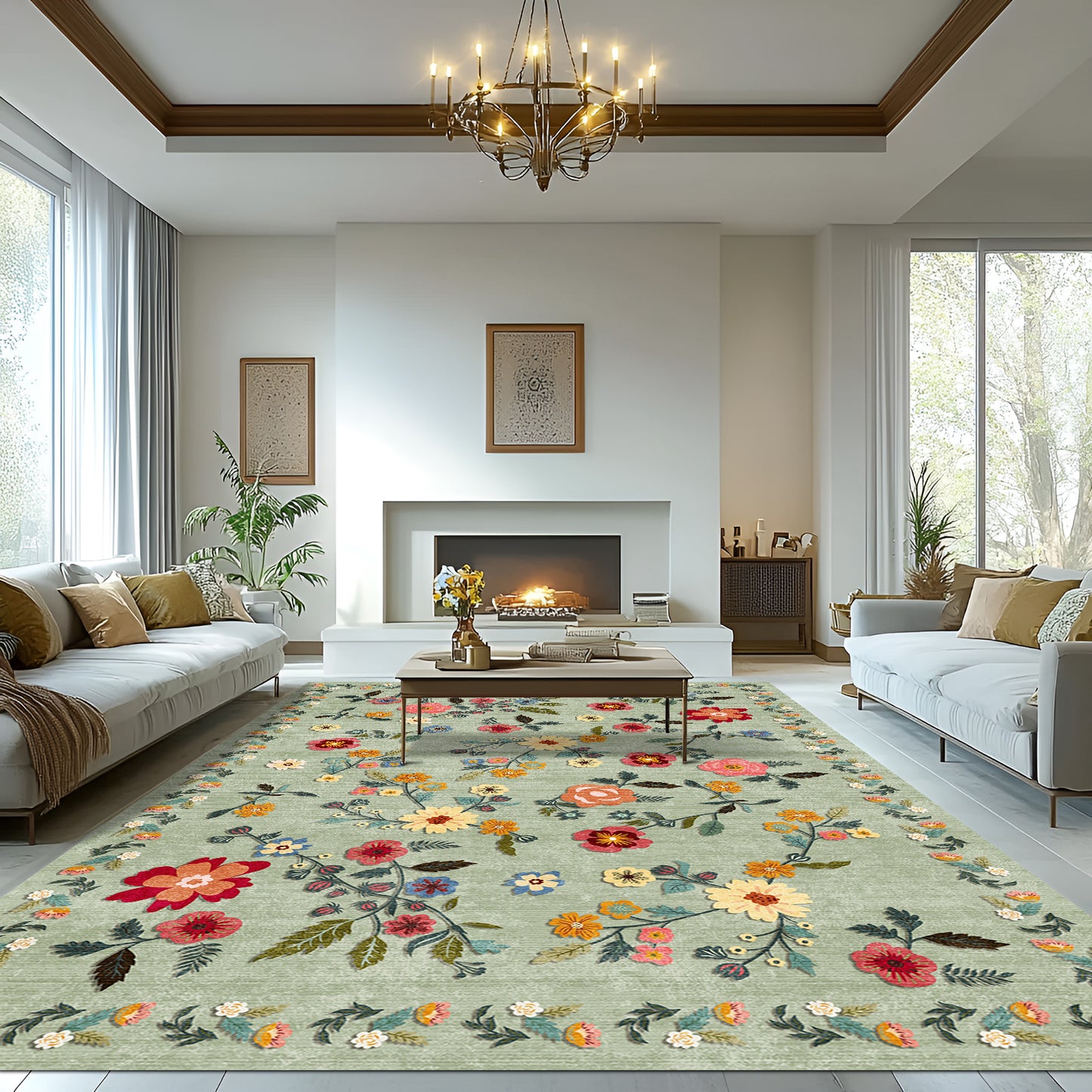 Pentantan Floral Area Rugs, Machine Washable Rug for Living Room- Soft Indoor Carpet, Low Pile for Bedroom, Dining Room, Playroom, Office