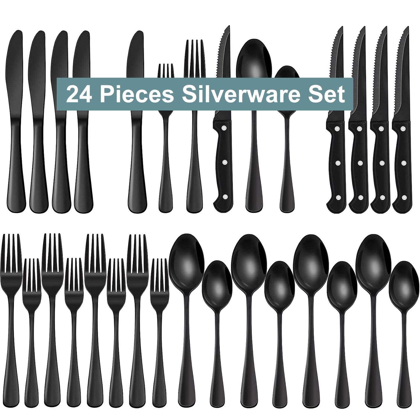 Bluebow 24-Piece Black Silverware Set with Steak Knives, Flatware Cutlery Set for 4, Food-Grade Stainless Steel Kitchen Tableware Set