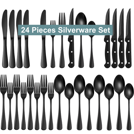 Bluebow 24-Piece Black Silverware Set with Steak Knives, Flatware Cutlery Set for 4, Food-Grade Stainless Steel Kitchen Tableware Set