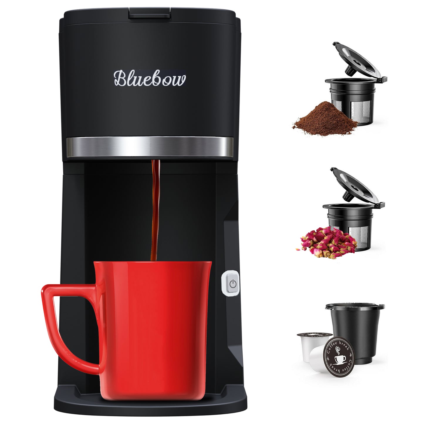 Bluebow Single Serve Coffee Maker for K Cup & Ground Coffee& Tea, Capsule Coffee Machine, 6-12oz Brew Size, Black