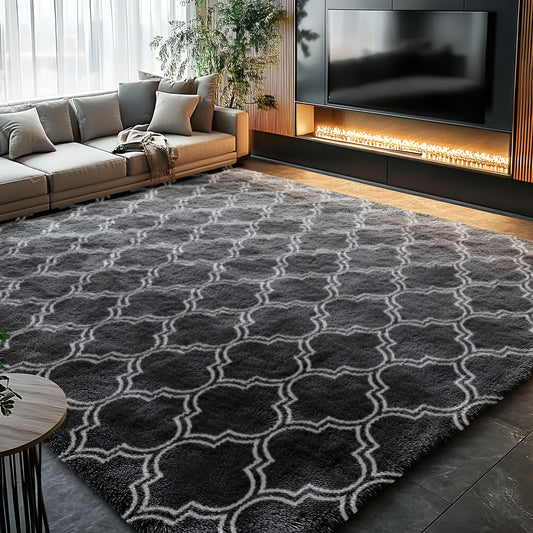 5ft x 8ft Geometric Shaggy Area Rugs for Bedroom, Moroccan Fluffy Living Room Carpet, Dark Gray
