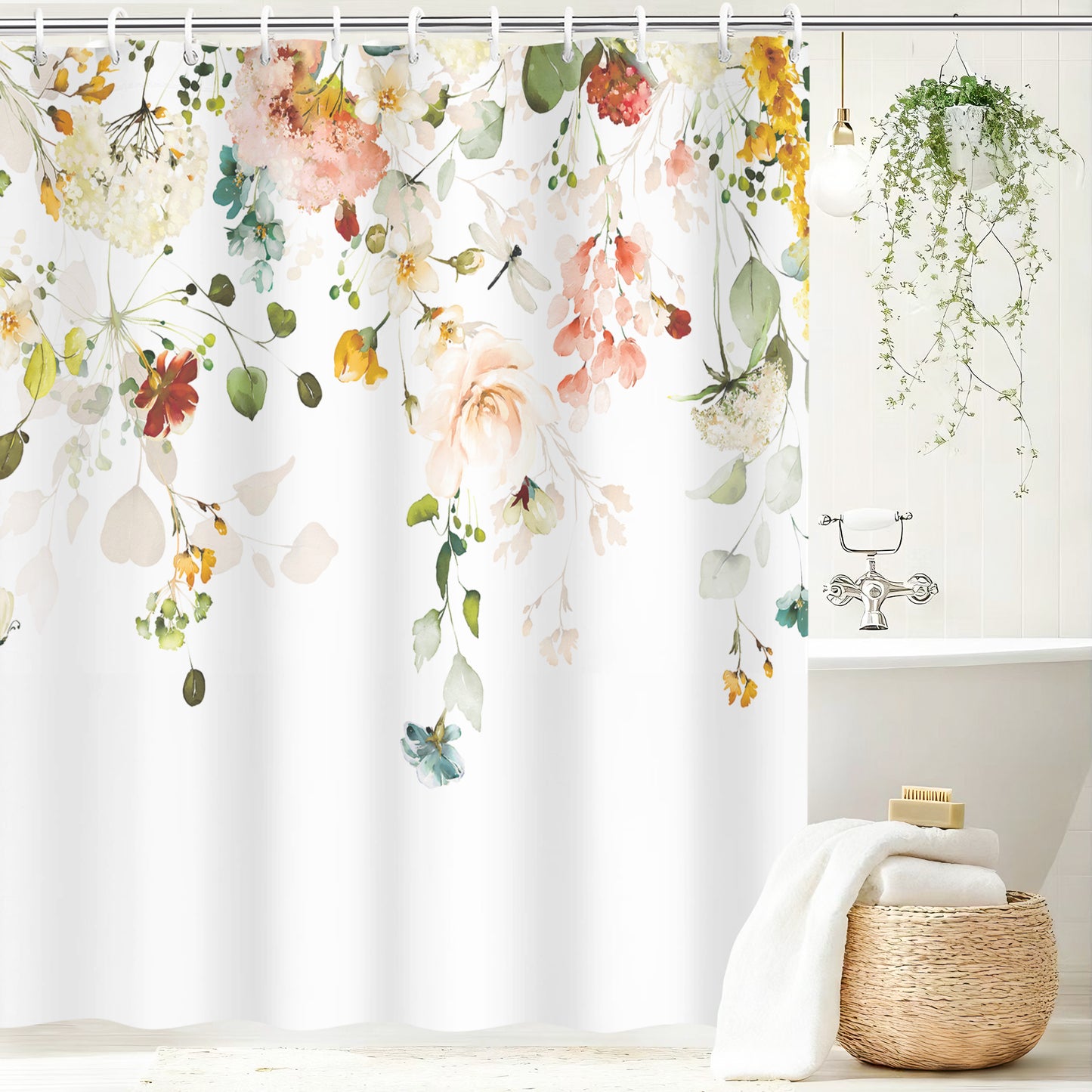 Vaparinckl Fabric Shower Curtain, Floral Watercolor Waterproof Liner Set with Hooks for Bathroom, 72"x72"