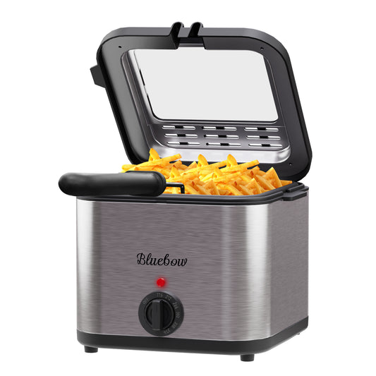 Bluebow Electric Deep Fryer, 2.5 Quart Capacity, Wide Viewing Window, Adjustable Temperature, Stainless Steel