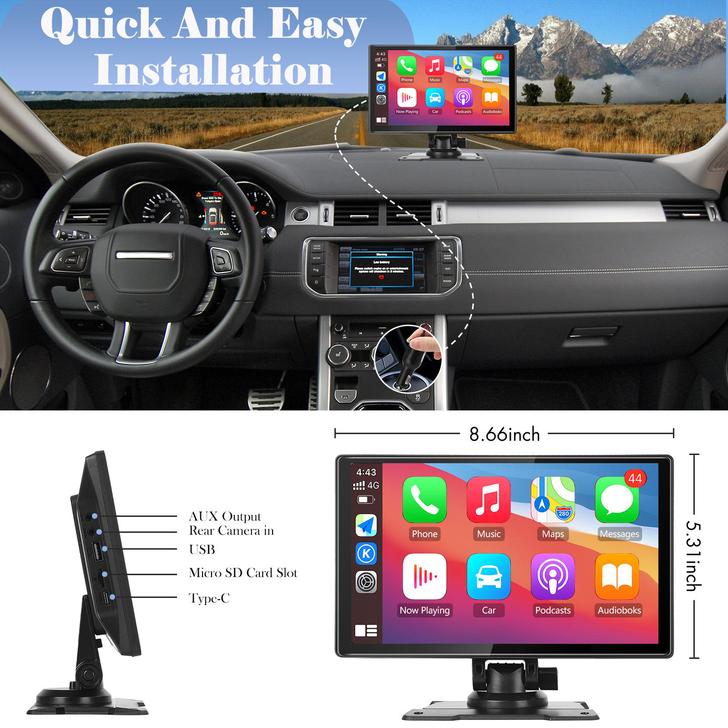 Portable Car Stereo with Wireless Apple CarPlay & Android Auto, 9" FHD Touchscreen, Backup Camera, Bluetooth, Voice Control, Siri/Google, Mirror Link, GPS, FM, AUX/USB/TF