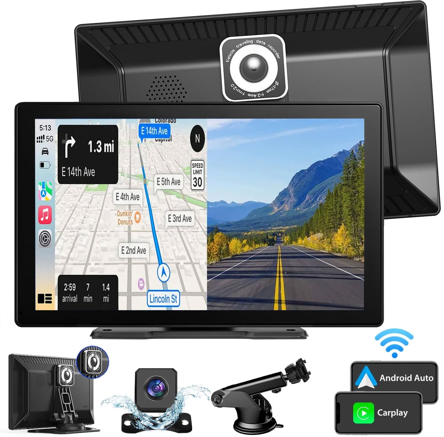 Lieucyst Portable Car Stereo, 9 Inch Wireless CarTouch Screen Apple Carplay and Android Auto with 2.5K Dash Cam, 1080P Backup Camera, Car Audio Receiver with Mirror Link/GPS Navigation/FM/Bluetooth
