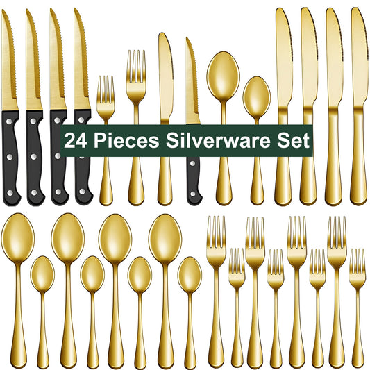 Bluebow 24-Piece Golden Silverware Set with Steak Knives, Flatware Cutlery Set for 4, Food-Grade Stainless Steel Kitchen Tableware Set