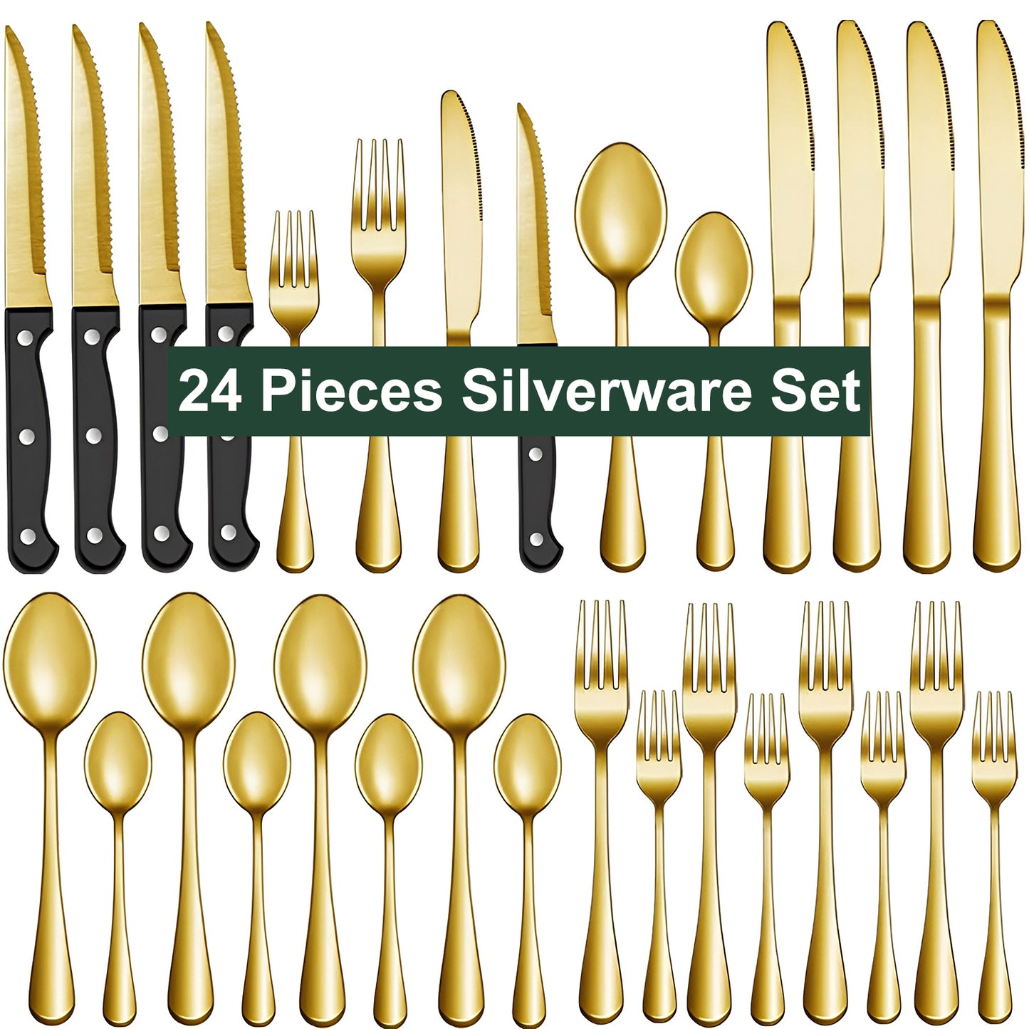 Bluebow 24-Piece Golden Silverware Set with Steak Knives, Flatware Cutlery Set for 4, Food-Grade Stainless Steel Kitchen Tableware Set