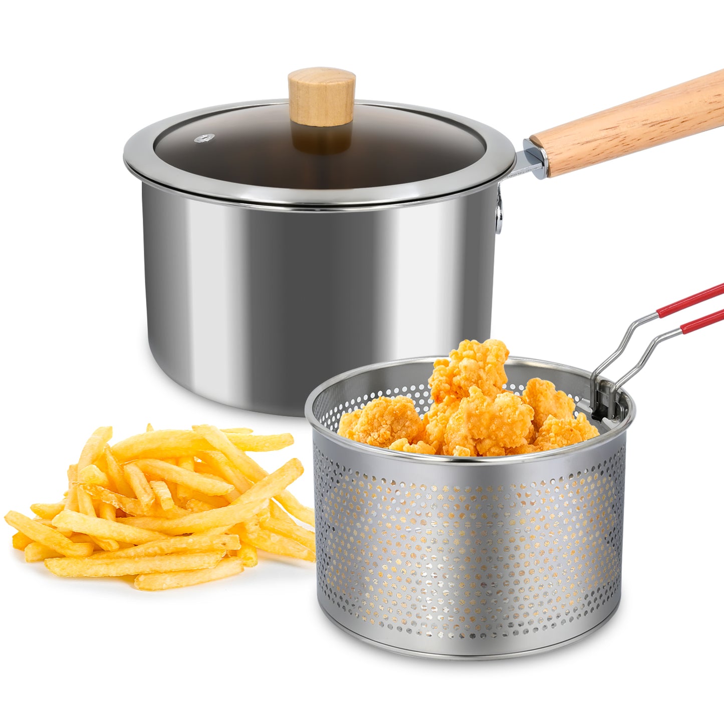 Deep Fryer Pot, Stainless Steel Fryer Pot with Basket and Handle, 3QT Oil Strainer Pot with View Window