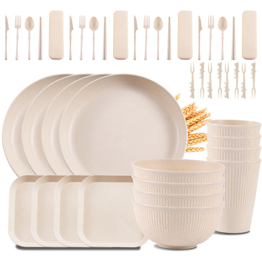 Wheat Straw Dinnerware Sets, 48 Pcs Unbreakable Dinnerware Sets for 4, Microwave Dishwasher Safe